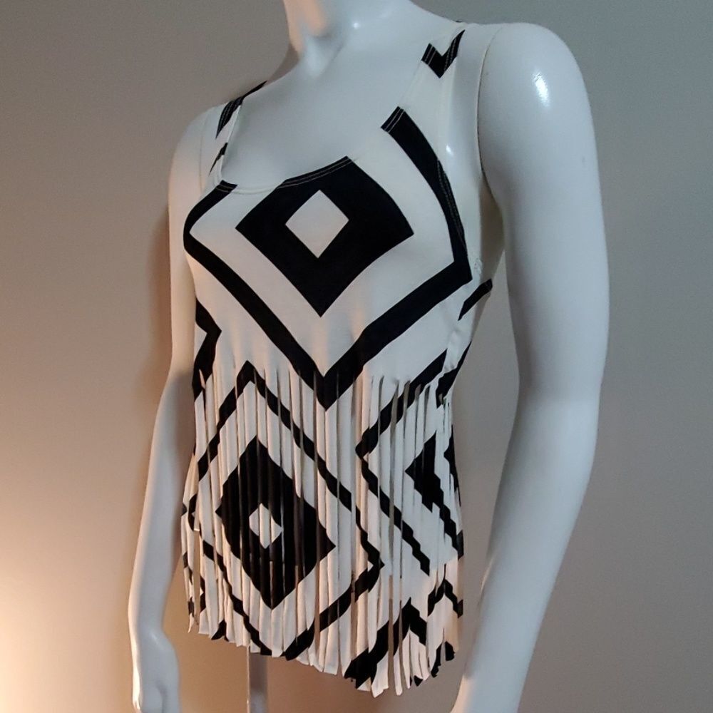 I. Joah Black & White Fringe Tank Top (S)